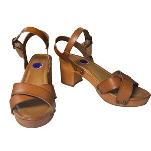 MIA Brown Criss Cross Platform‎ Sandals Wood Heel Boho Retro 70s Size 8.5